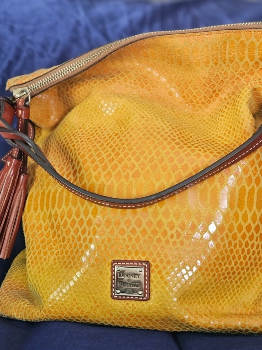 Dooney & Bourke Yellow Snake-Embossed Shoulder Hobo with Tassel